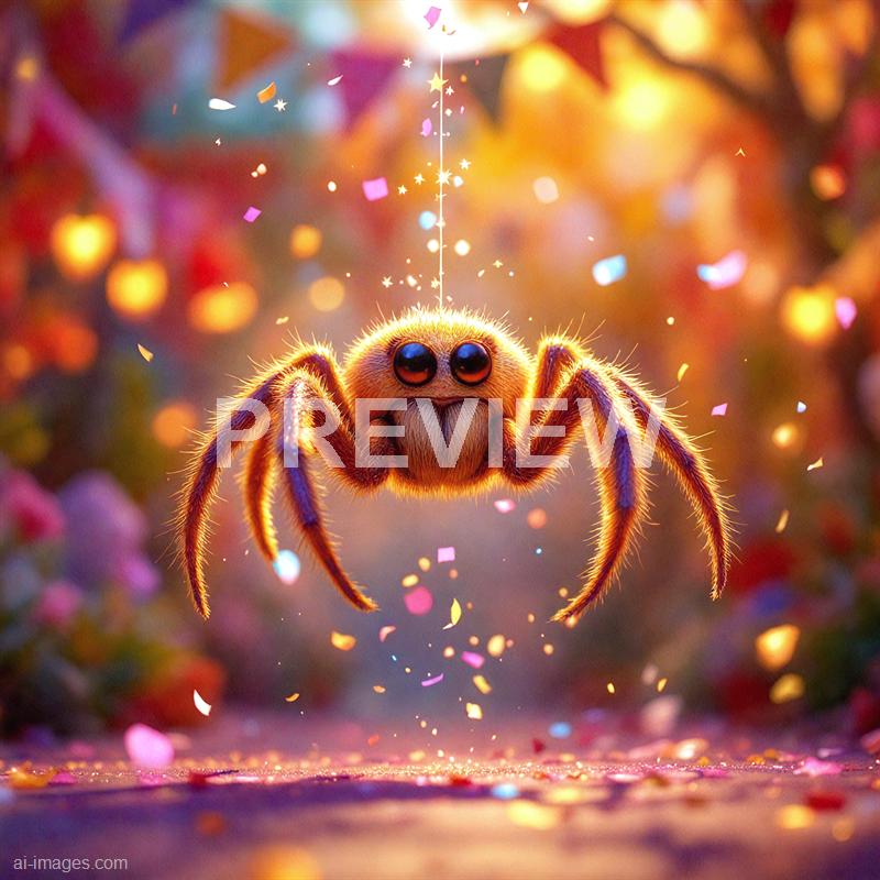 The image features a close-up of an orange, furry jumping spider with large, glossy black eyes, hanging from a fine thread or strand of silk. The spider is set against a vibrant, colorful background filled with blurred, glowing lights and confetti-like particles, creating a festive and lively atmosphere. The lighting highlights the spider's detailed texture and the shimmering effect of the background elements.